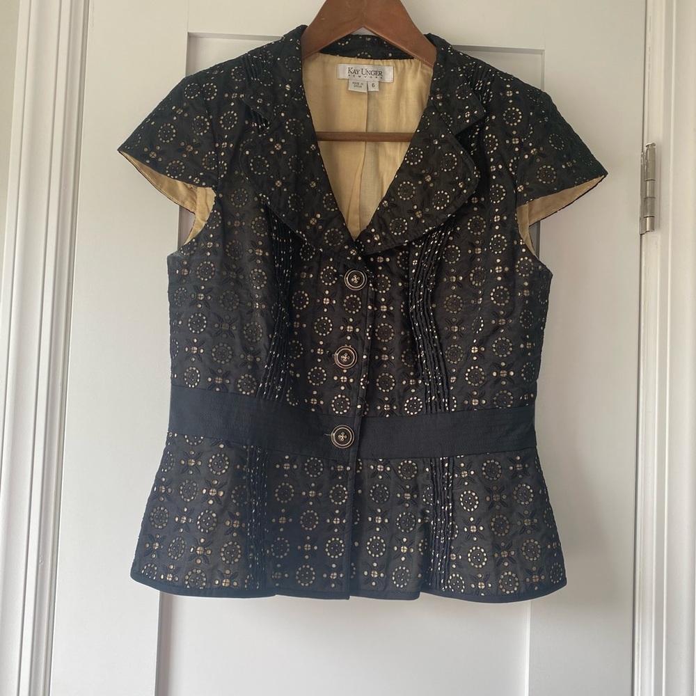 Rare Kay Unger Black Eyelet Suit with Cap Sleeves and Front Pintucks